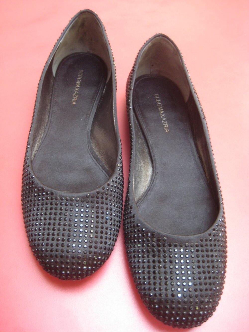 BCBG MAX AZRIA LADY'S SIZE 8 1/2 M BLACK CRYSTAL FLATS PRE-OWNED